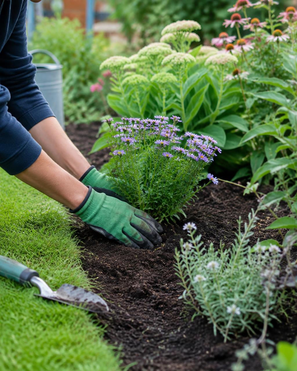 Gardener planting perennials in a garden border